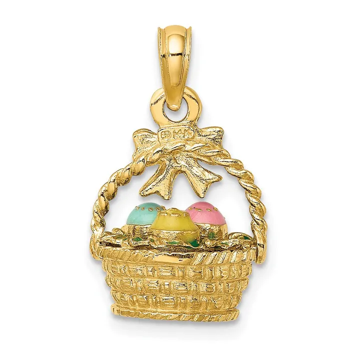 TreasureFineJewelers 14k Yellow Gold 3D Enameled Easter Basket wBow and Eggs Charm Charm Necklaces
