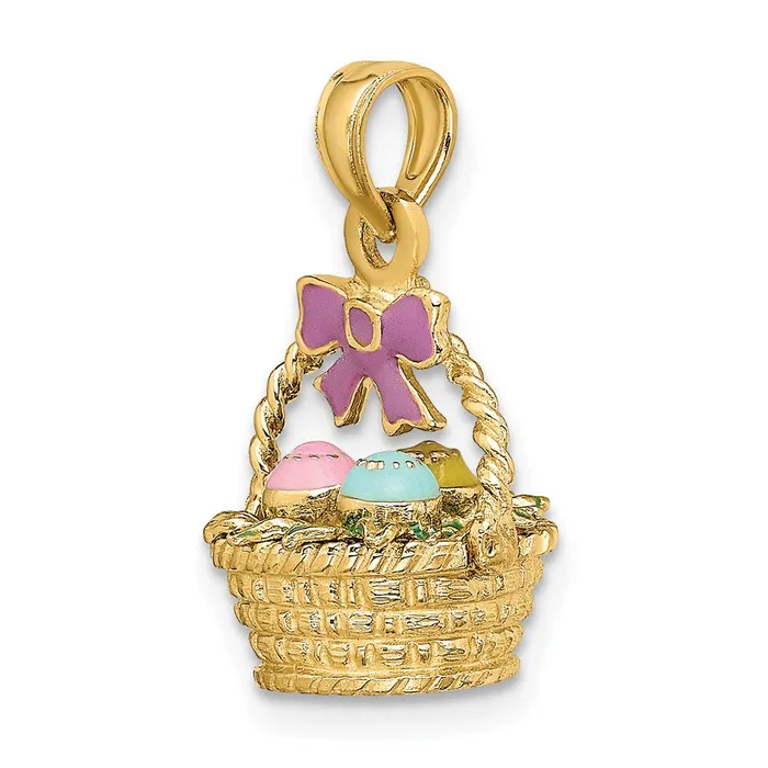 TreasureFineJewelers 14k Yellow Gold 3D Enameled Easter Basket wBow and Eggs Charm Charm Necklaces