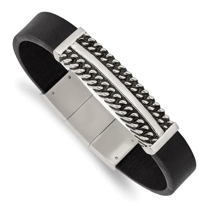 TreasureFineJewelers Bracelets Chisel Stainless Steel Antiqued and Polished Black Leather 8 inch with 5 inch extension Bracelet TreasureFineJewelers Bracelets Chisel Stainless Steel Antiqued and Polished Black Leather 8 inch with 5 inch extension Bracelet