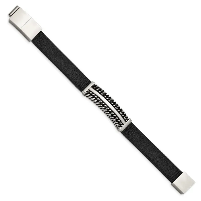 TreasureFineJewelers Bracelets Chisel Stainless Steel Antiqued and Polished Black Leather 8 inch with 5 inch extension Bracelet