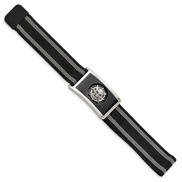 TreasureFineJewelers Bracelets Chisel Stainless Steel Polished Black IPplated Skull Mesh Adjustable Magnetic Clasp Bracelet