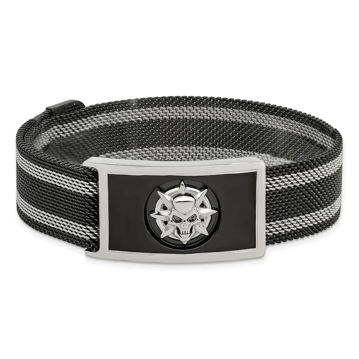 TreasureFineJewelers Bracelets Chisel Stainless Steel Polished Black IPplated Skull Mesh Adjustable Magnetic Clasp Bracelet