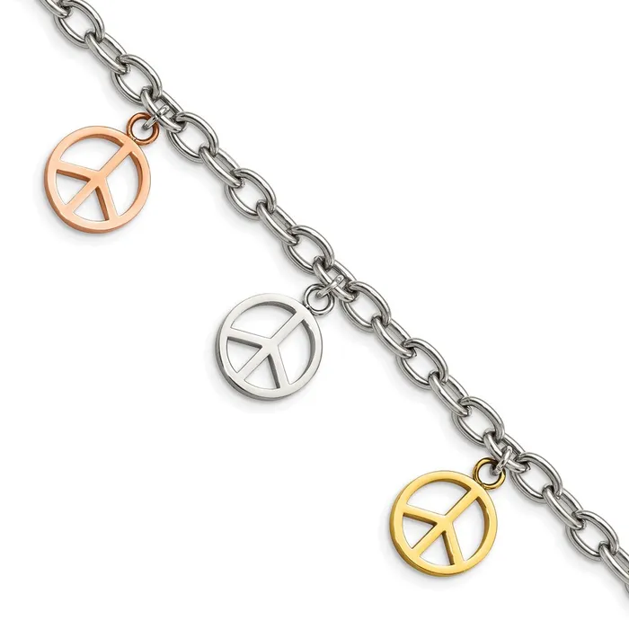 TreasureFineJewelers Bracelets Chisel Stainless Steel Polished Rose and Yellow IPplated Peace Sign Charms 85 inch Bracelet TreasureFineJewelers Bracelets Chisel Stainless Steel Polished Rose and Yellow IPplated Peace Sign Charms 85 inch Bracelet