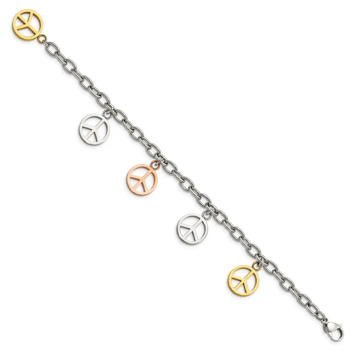 TreasureFineJewelers Bracelets Chisel Stainless Steel Polished Rose and Yellow IPplated Peace Sign Charms 85 inch Bracelet