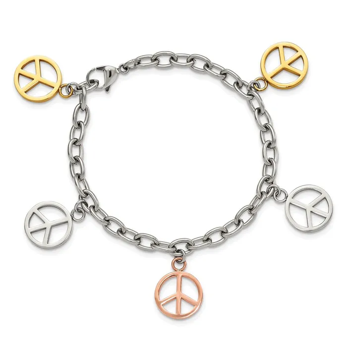 TreasureFineJewelers Bracelets Chisel Stainless Steel Polished Rose and Yellow IPplated Peace Sign Charms 85 inch Bracelet