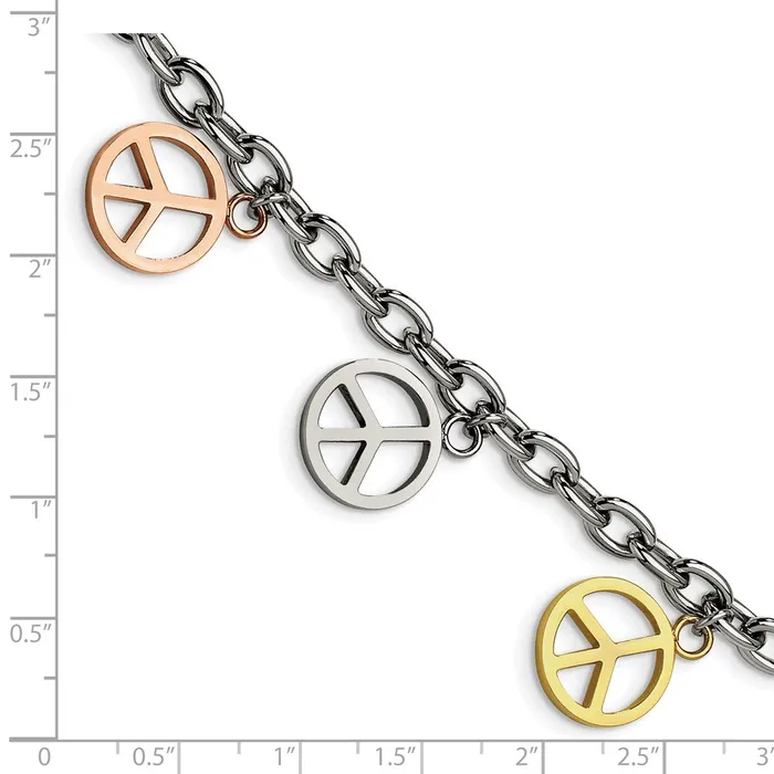 TreasureFineJewelers Bracelets Chisel Stainless Steel Polished Rose and Yellow IPplated Peace Sign Charms 85 inch Bracelet