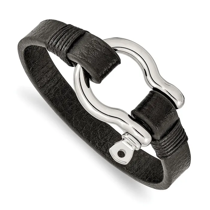TreasureFineJewelers Bracelets Chisel Stainless Steel Polished Shackle Black Leather 825 inch Bracelet TreasureFineJewelers Bracelets Chisel Stainless Steel Polished Shackle Black Leather 825 inch Bracelet