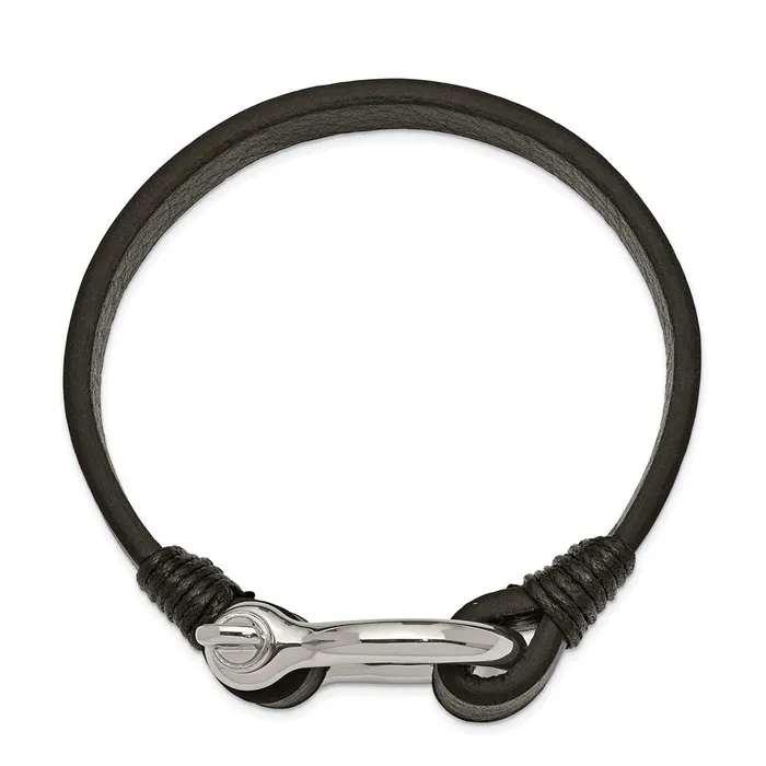 TreasureFineJewelers Bracelets Chisel Stainless Steel Polished Shackle Black Leather 825 inch Bracelet