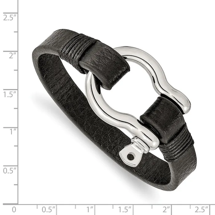 TreasureFineJewelers Bracelets Chisel Stainless Steel Polished Shackle Black Leather 825 inch Bracelet