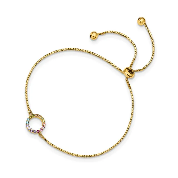 TreasureFineJewelers Bracelets Prizma Sterling Silver Goldtone 14K Flash Goldplated Colorful CZ Open Circle Adjustable Bolo Bracelet