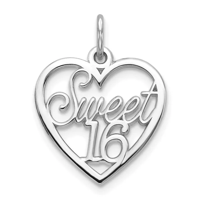 TreasureFineJewelers Charm Necklaces 10K White Gold SWEET 16 In Heart Charm TreasureFineJewelers Charm Necklaces 10K White Gold SWEET 16 In Heart Charm