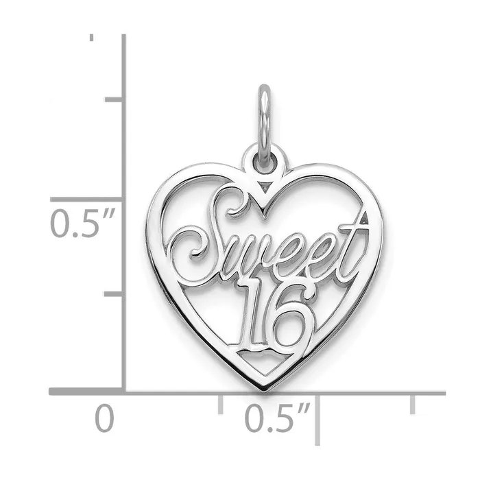 TreasureFineJewelers Charm Necklaces 10K White Gold SWEET 16 In Heart Charm
