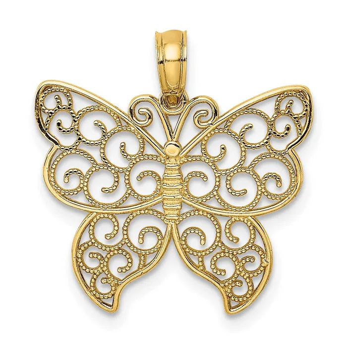 TreasureFineJewelers Charm Necklaces 14K Beaded Filigree Small Butterfly Charm TreasureFineJewelers Charm Necklaces 14K Beaded Filigree Small Butterfly Charm