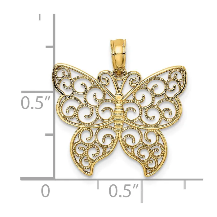 TreasureFineJewelers Charm Necklaces 14K Beaded Filigree Small Butterfly Charm