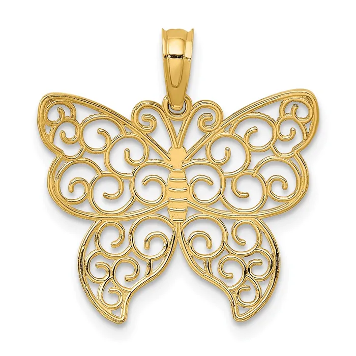 TreasureFineJewelers Charm Necklaces 14K Beaded Filigree Small Butterfly Charm
