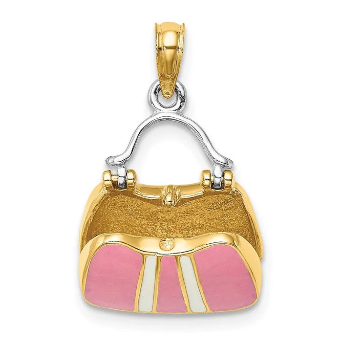 TreasureFineJewelers Charm Necklaces 14K Rhodium 3D w Enamel Opens Handbag Charm
