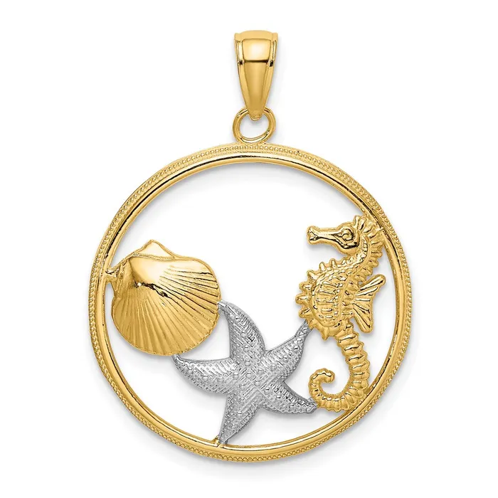 TreasureFineJewelers Charm Necklaces 14k with White Rhodium Scallop Starfish Seahorse Circle Charm TreasureFineJewelers Charm Necklaces 14k with White Rhodium Scallop Starfish Seahorse Circle Charm