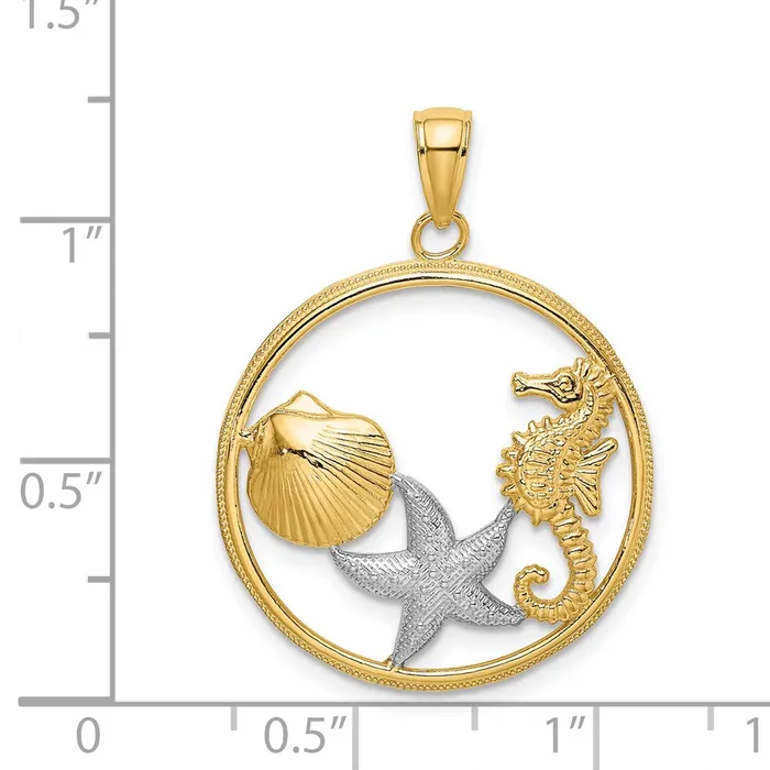 TreasureFineJewelers Charm Necklaces 14k with White Rhodium Scallop Starfish Seahorse Circle Charm