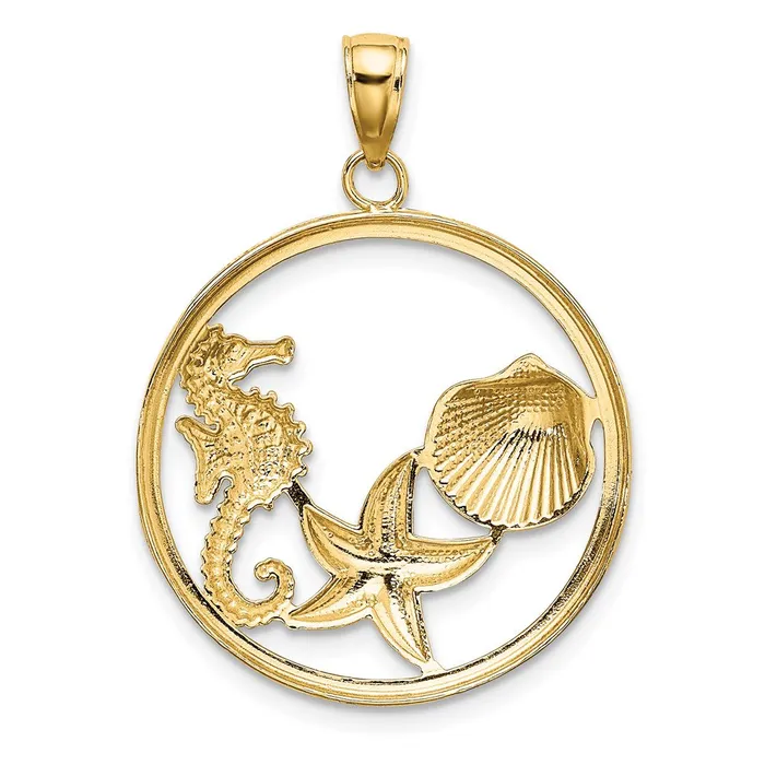 TreasureFineJewelers Charm Necklaces 14k with White Rhodium Scallop Starfish Seahorse Circle Charm