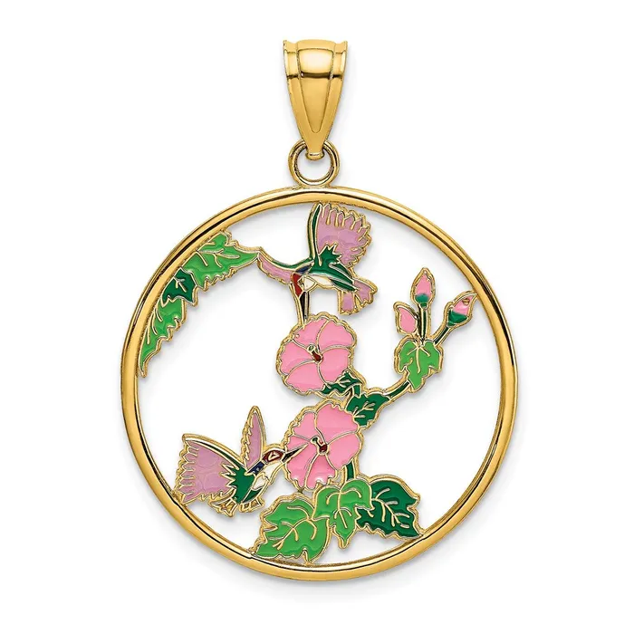 TreasureFineJewelers Charm Necklaces 14k Yellow Gold w Enamel Hummingbirds and Flowers In Circle Charm