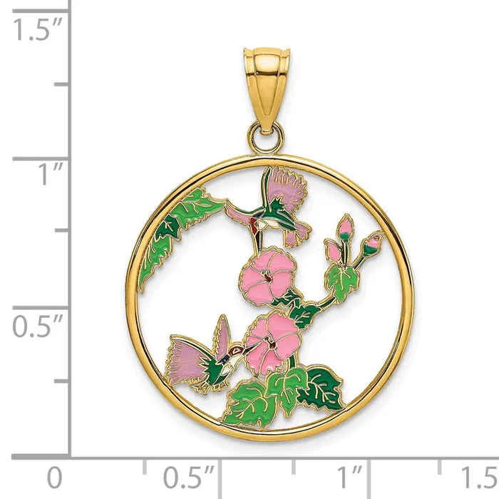 TreasureFineJewelers Charm Necklaces 14k Yellow Gold w Enamel Hummingbirds and Flowers In Circle Charm