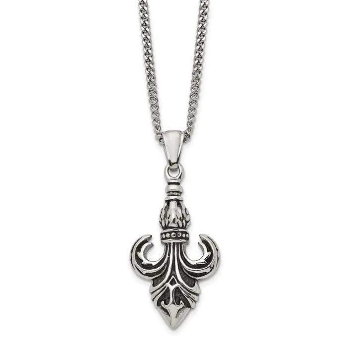 TreasureFineJewelers Chisel Stainless Steel Antiqued and Polished Fleur de lis Pendant on a 22 inch Curb Chain Necklace Necklaces TreasureFineJewelers Chisel Stainless Steel Antiqued and Polished Fleur de lis Pendant on a 22 inch Curb Chain Necklace Necklaces