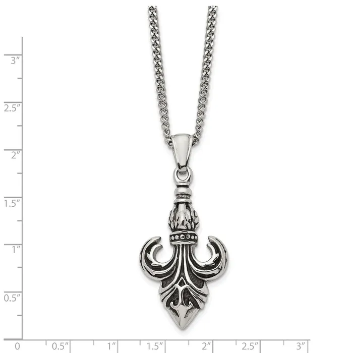 TreasureFineJewelers Chisel Stainless Steel Antiqued and Polished Fleur de lis Pendant on a 22 inch Curb Chain Necklace Necklaces