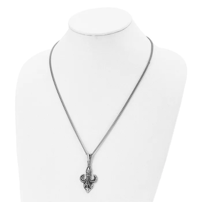 TreasureFineJewelers Chisel Stainless Steel Antiqued and Polished Fleur de lis Pendant on a 22 inch Curb Chain Necklace Necklaces