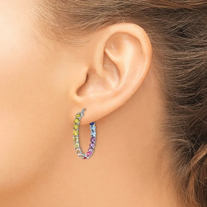 TreasureFineJewelers Earrings Prizma Sterling Silver Rhodiumplated In and Out 3mm Colorful CZ Hoop Earrings