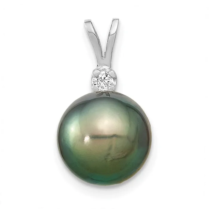 TreasureFineJewelers Necklaces 14k White Gold WG 1011mm Round Saltwater Cultured Tahitian Pearl 05ct Dia Pendant