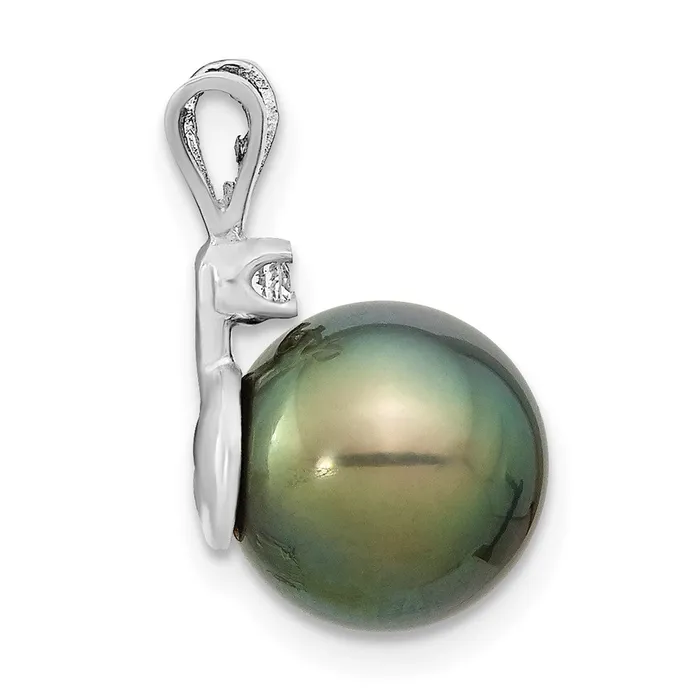 TreasureFineJewelers Necklaces 14k White Gold WG 1011mm Round Saltwater Cultured Tahitian Pearl 05ct Dia Pendant
