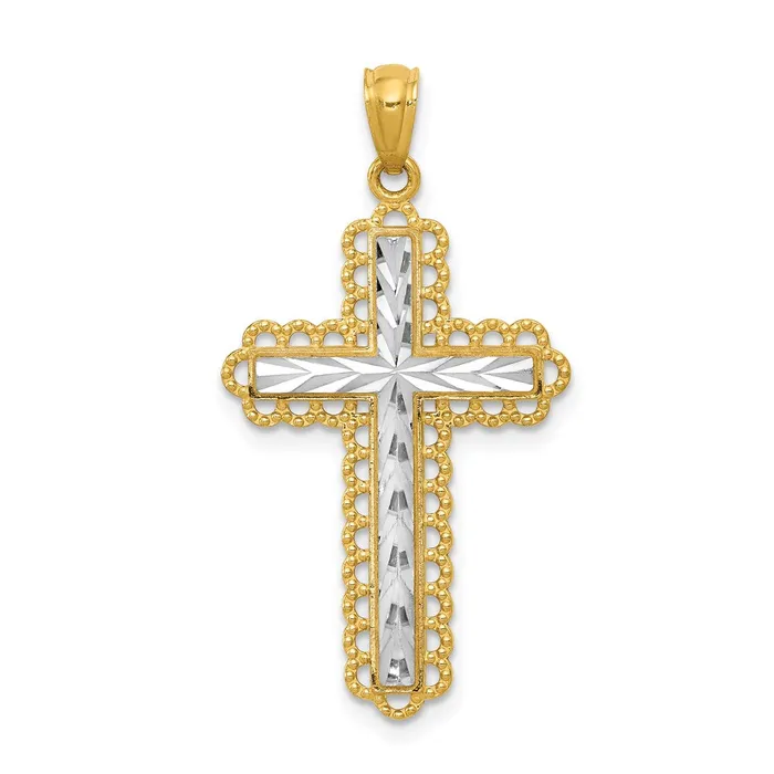 TreasureFineJewelers Necklaces 14K Yellow Gold wRhodium Diamond Cut Cross Pendant