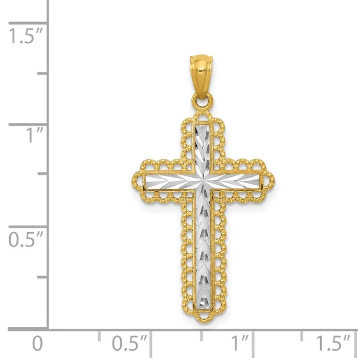 TreasureFineJewelers Necklaces 14K Yellow Gold wRhodium Diamond Cut Cross Pendant