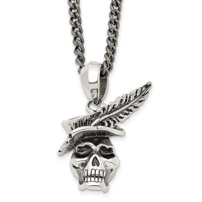 TreasureFineJewelers Necklaces Chisel Stainless Steel Antiqued and Polished Skull with Feather Hat Pendant on a 22 inch Curb Chain Necklace TreasureFineJewelers Necklaces Chisel Stainless Steel Antiqued and Polished Skull with Feather Hat Pendant on a 22 inch Curb Chain Necklace