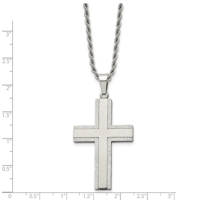 TreasureFineJewelers Necklaces Chisel Stainless Steel Polished Laser Cut Edges Cross Pendant on a 24 inch Rope Chain Necklace
