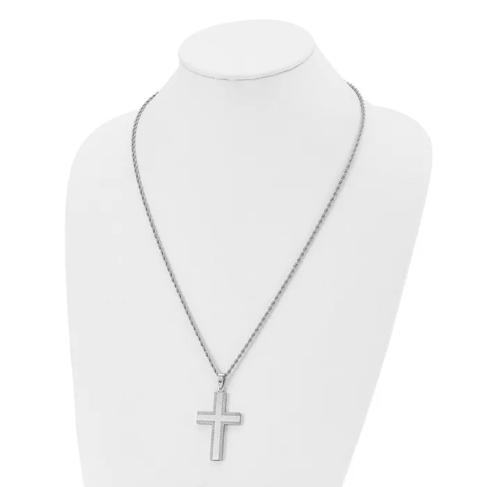 TreasureFineJewelers Necklaces Chisel Stainless Steel Polished Laser Cut Edges Cross Pendant on a 24 inch Rope Chain Necklace