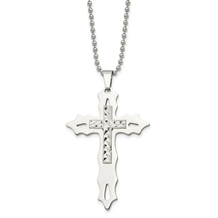 TreasureFineJewelers Necklaces Chisel Stainless Steel Polished with Sterling Silver Inlay Cross Pendant on a 20 inch Ball Chain Necklace