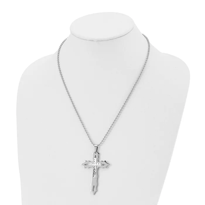TreasureFineJewelers Necklaces Chisel Stainless Steel Polished with Sterling Silver Inlay Cross Pendant on a 20 inch Ball Chain Necklace
