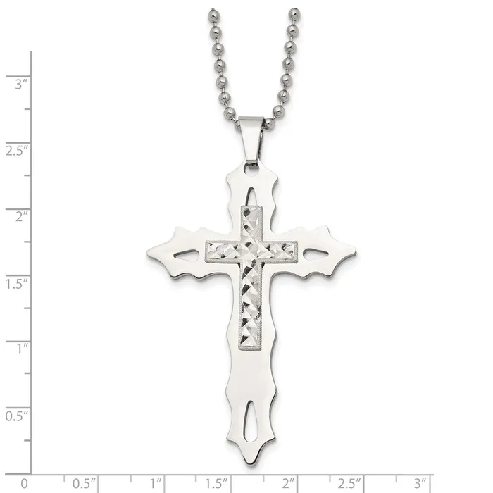 TreasureFineJewelers Necklaces Chisel Stainless Steel Polished with Sterling Silver Inlay Cross Pendant on a 20 inch Ball Chain Necklace