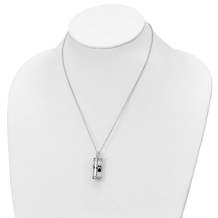TreasureFineJewelers Necklaces Sentimental Expressions Sterling Silver Rhodiumplated Antiqued Cylinder with Paws Ash Holder 18in Necklace