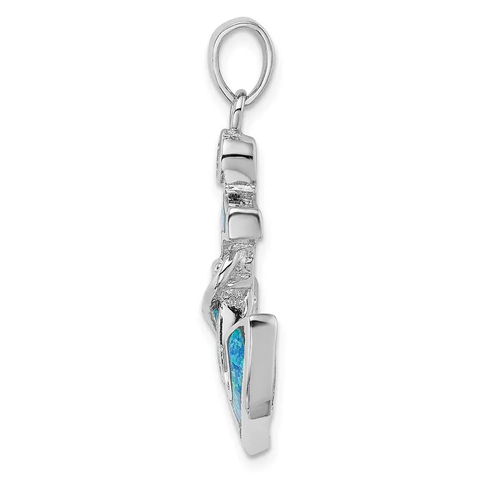 TreasureFineJewelers Necklaces Sterling Silver Rhodiumplated Blue Created OpalCZ Anchor Pendant