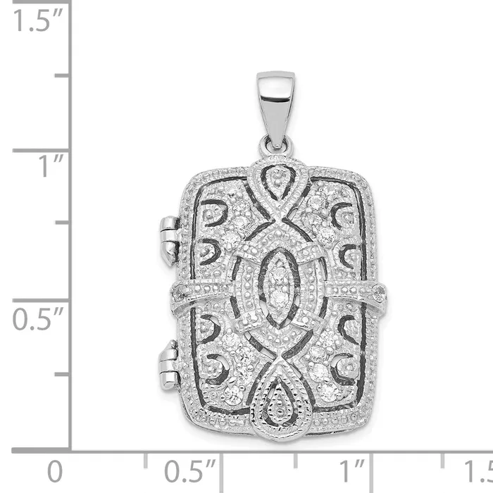 TreasureFineJewelers Necklaces Sterling Silver Rhodiumplated Fancy CZ Rectangle 24mm Locket Pendant