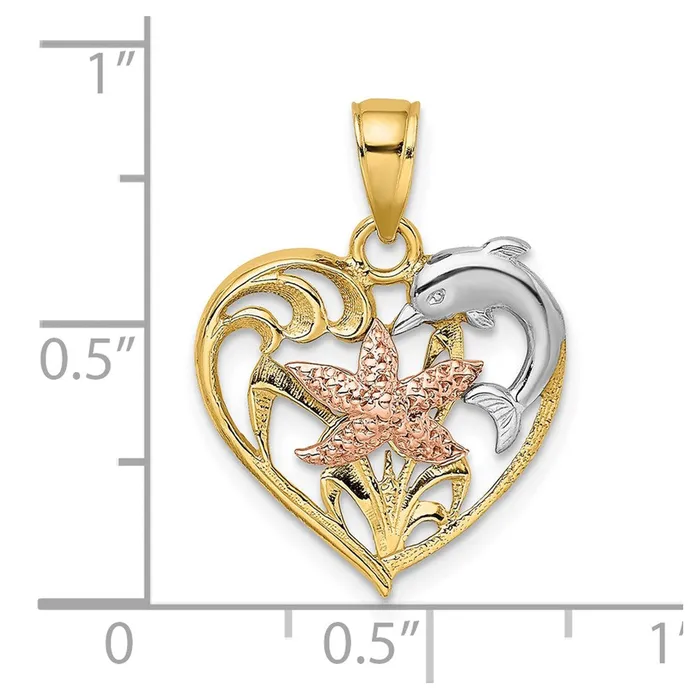 TreasureFineJewelers Rings 14K Twotone wWhite Rhodium Dolphin and Starfish In Heart Charm