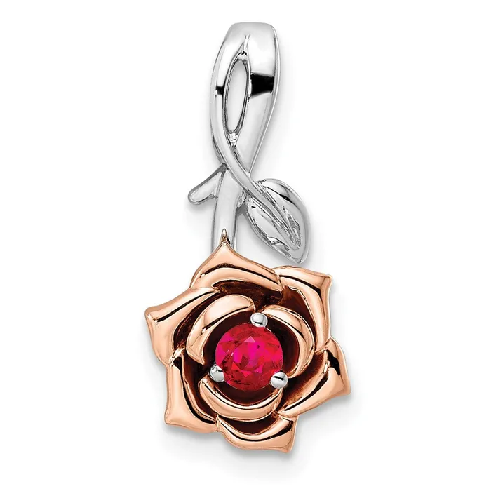TreasureFineJewelers Rings 14K Twotone White Rose Ruby Flower Pendant
