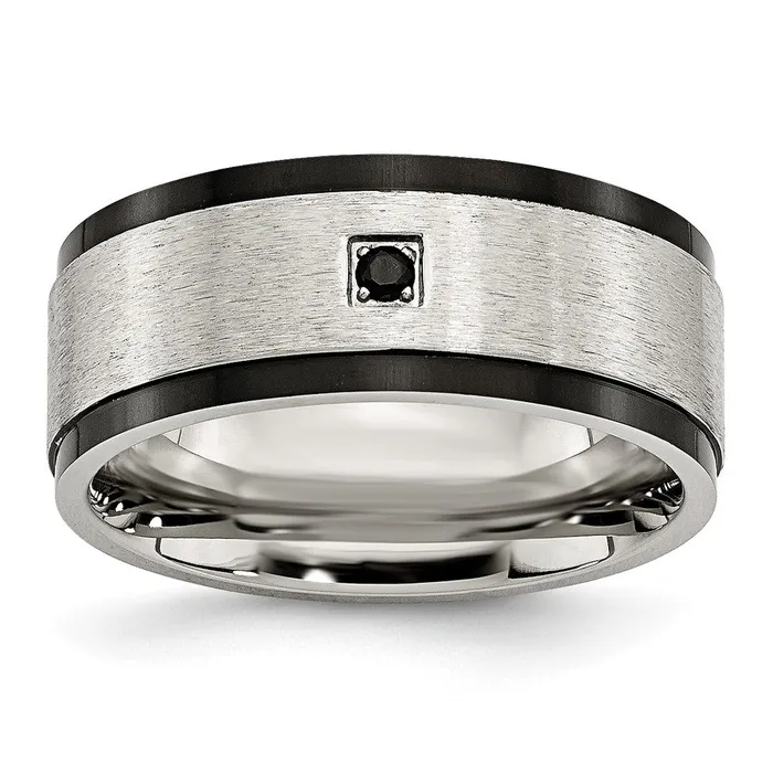 TreasureFineJewelers Rings Stainless Steel Brushed and Polished Black IPplated wBlack CZ 9mm Band