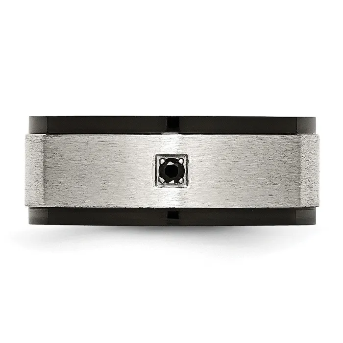 TreasureFineJewelers Rings Stainless Steel Brushed and Polished Black IPplated wBlack CZ 9mm Band