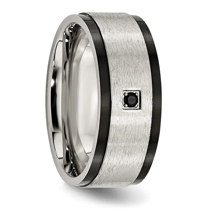 TreasureFineJewelers Rings Stainless Steel Brushed and Polished Black IPplated wBlack CZ 9mm Band