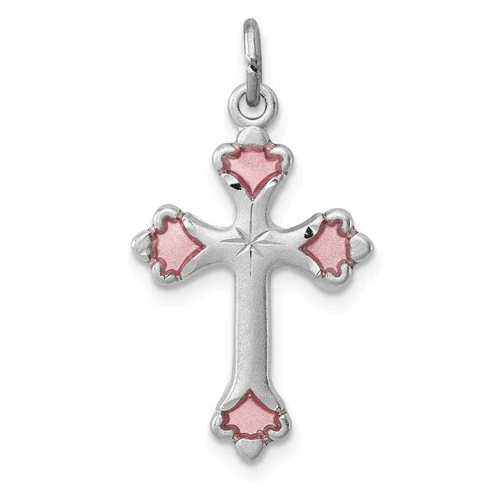 TreasureFineJewelers Rings Sterling Silver Rhodiumplated Pink Enameled Budded Cross Charm