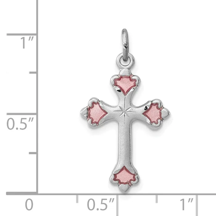 TreasureFineJewelers Rings Sterling Silver Rhodiumplated Pink Enameled Budded Cross Charm