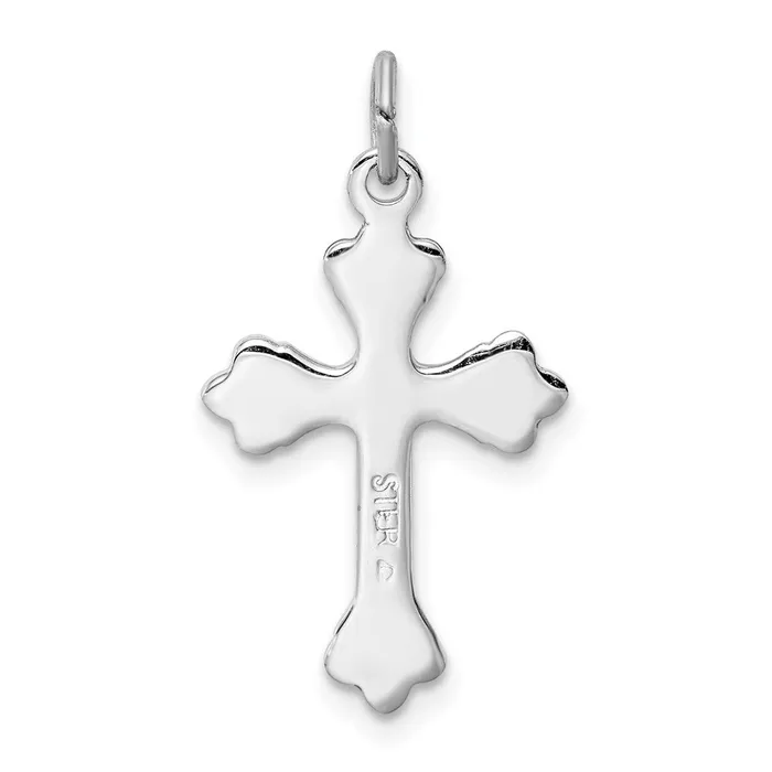 TreasureFineJewelers Rings Sterling Silver Rhodiumplated Pink Enameled Budded Cross Charm